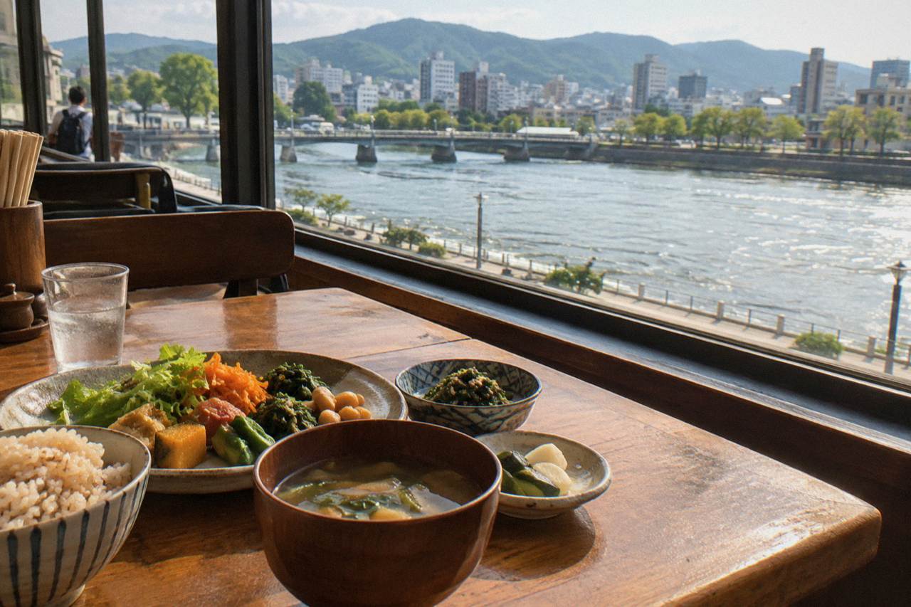A plate of fresh vegetable-based Japanese dishes on a wooden counter in a small Hiroshima restaurant
