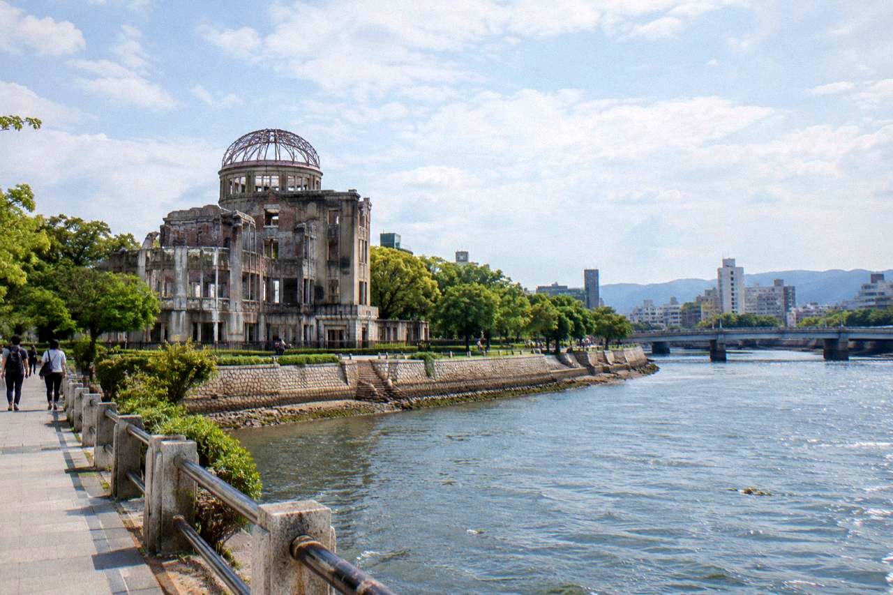 The A-Bomb Dome standing beside the river in Hiroshima Peace Memorial Park