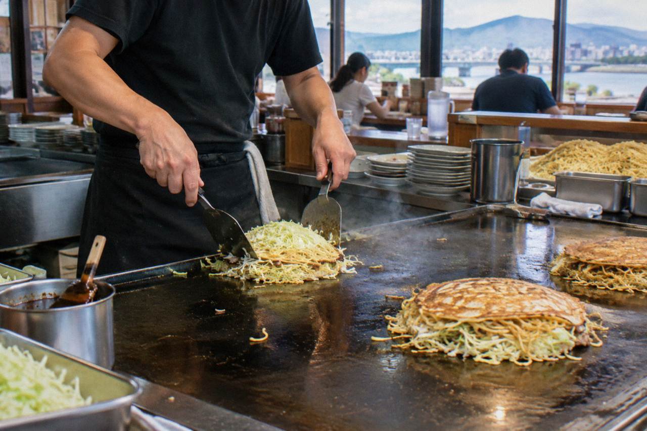 An okonomiyaki cook layers cabbage and noodles on a hot teppan griddle in a busy Hiroshima restaurant