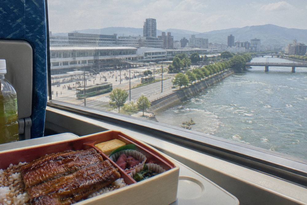 A chilled ekiben box of eel over rice and side dishes photographed on a train tray table