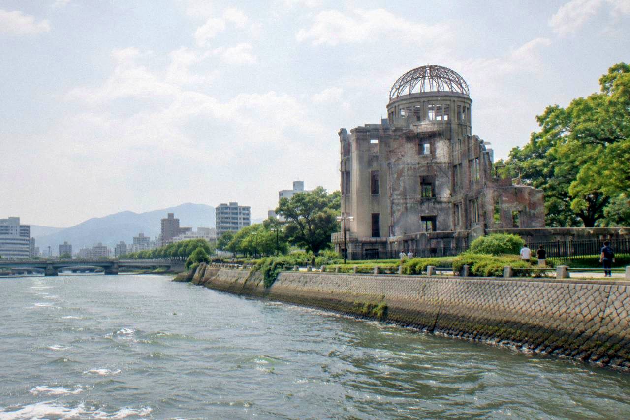 The Atomic Bomb Dome standing beside the Motoyasu River in Hiroshima Peace Memorial Park