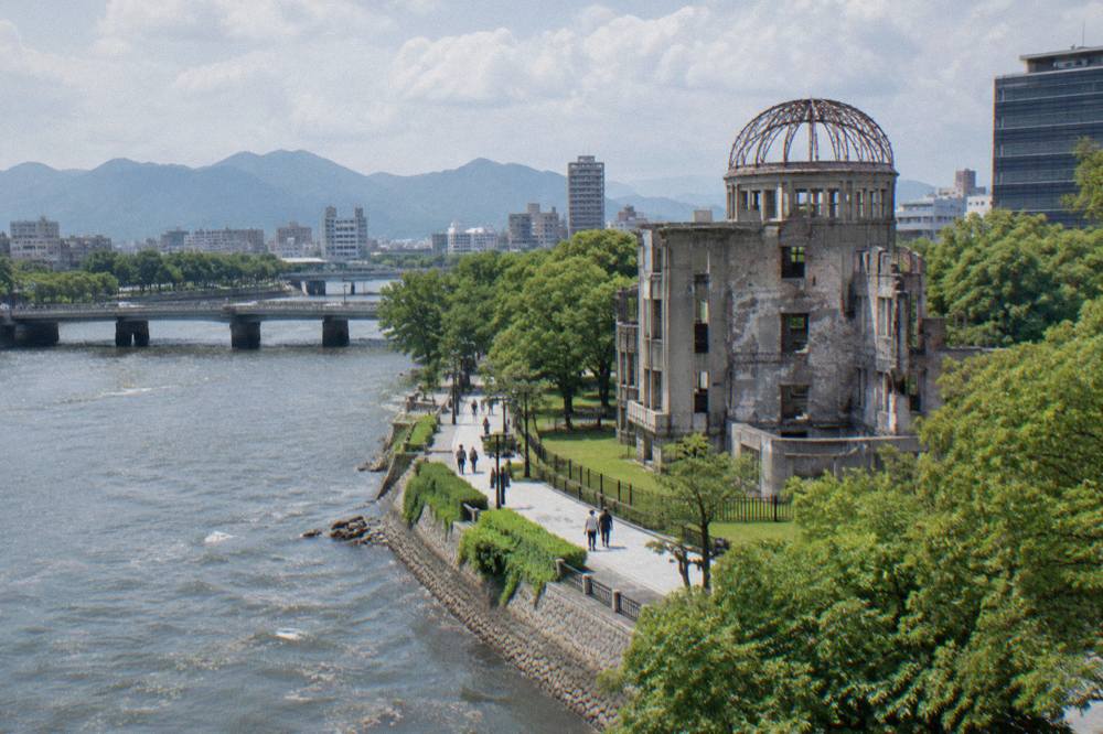 The Peace Memorial Park in Hiroshima with the A-Bomb Dome beside the river