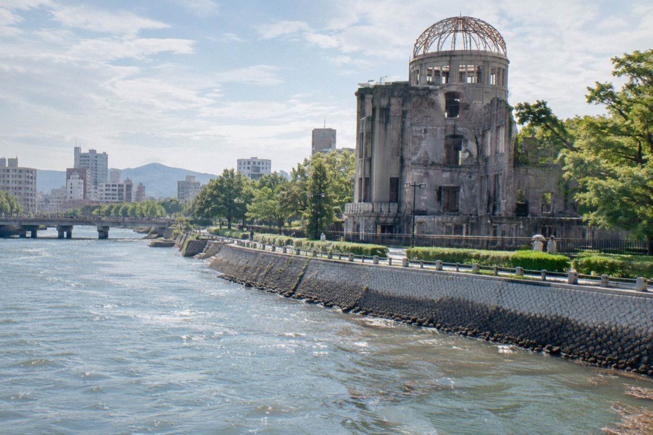 The A-Bomb Dome standing beside the Motoyasu River in central Hiroshima