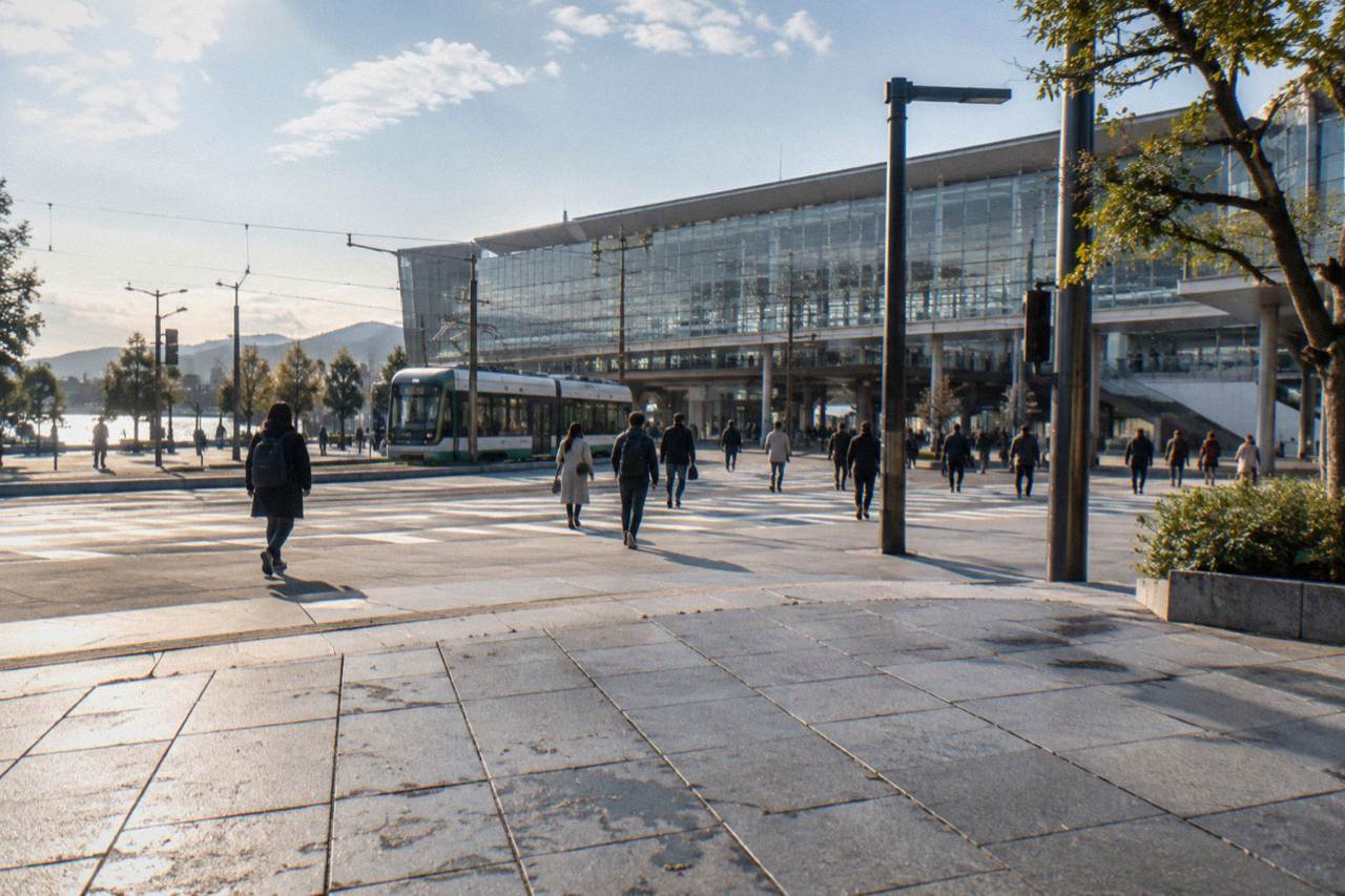 The modern glass facade of Hiroshima Station seen from the plaza outside the south exit