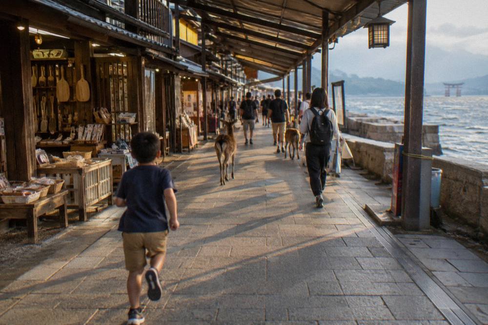 Shoppers walking through a roofed arcade past small food stalls and souvenir storefronts