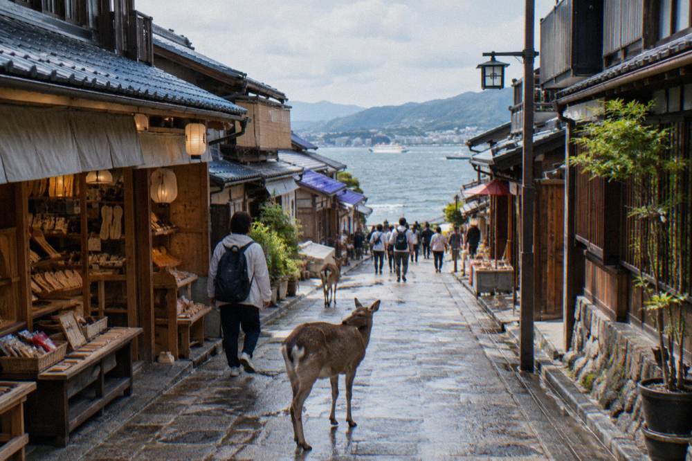 A narrow traditional street of wooden townhouse facades with lanterns and small shopfronts