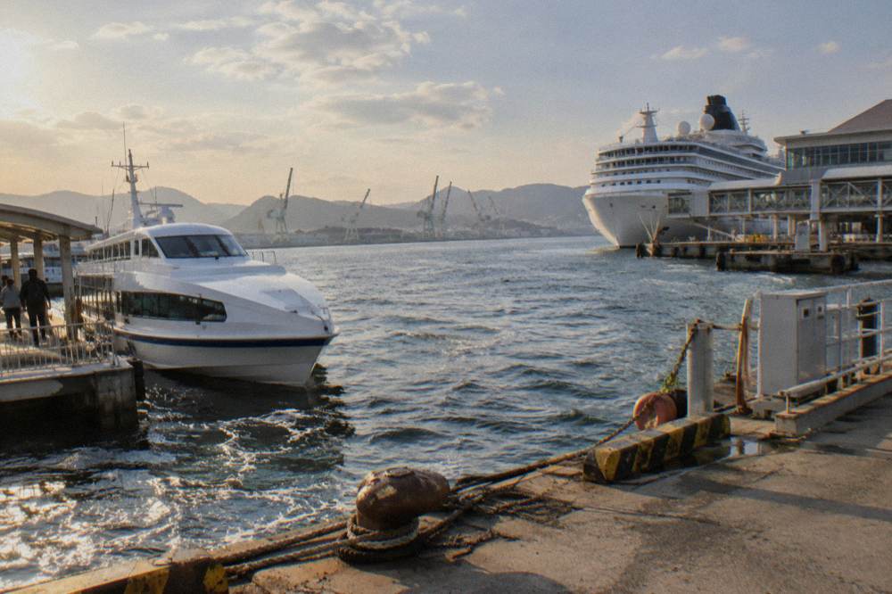 Cruise ship moored at a terminal pier with a gangway and terminal building
