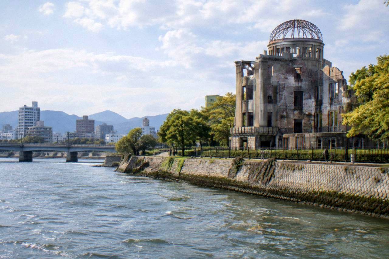 The ruined framework of the Atomic Bomb Dome beside the Motoyasu River in Hiroshima