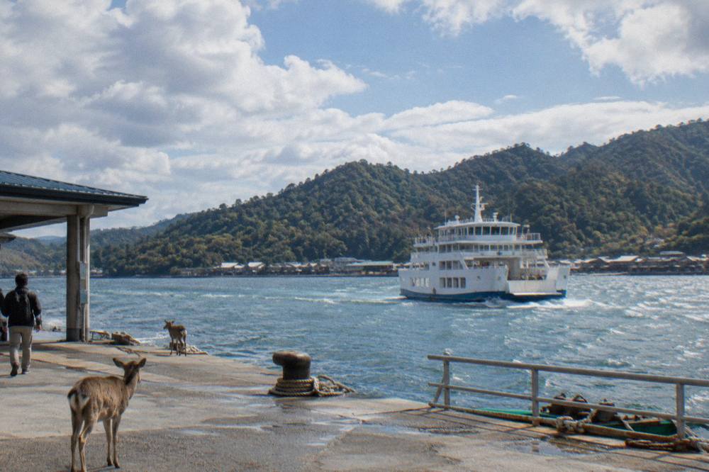 A ferry approaching Miyajima island pier with forested slopes behind the rooftops