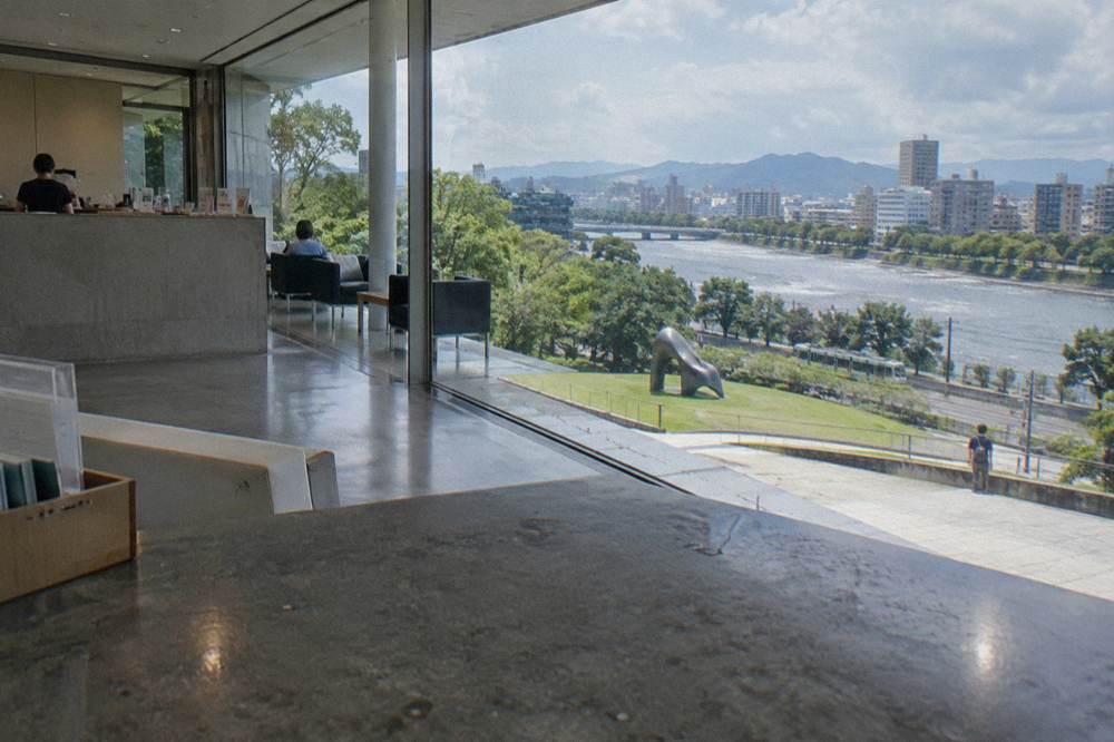 A quiet museum ticket counter and lounge area on the first floor