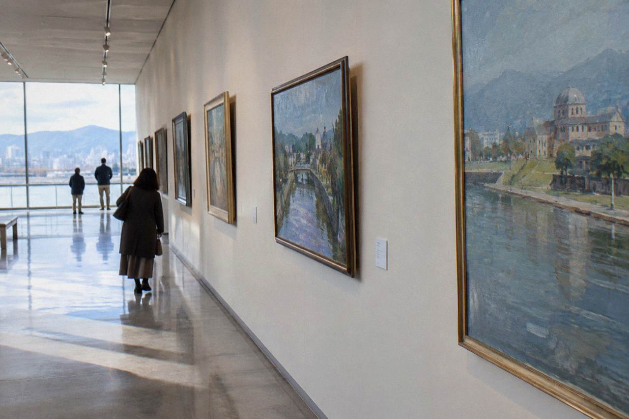 Gallery corridor in the Hiroshima Museum of Art with paintings hung along the wall