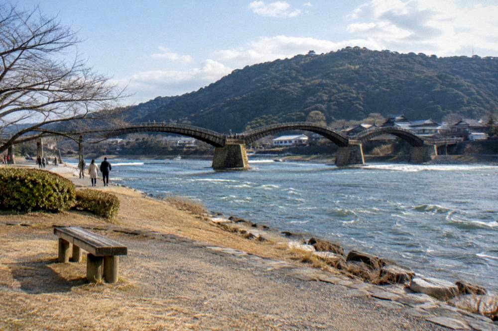 Kikko Park riverside grounds leading to the Kintaikyo Bridge in Iwakuni
