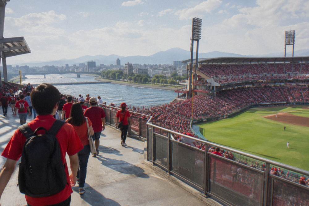 Fans in red shirts cheering in packed baseball stadium stands
