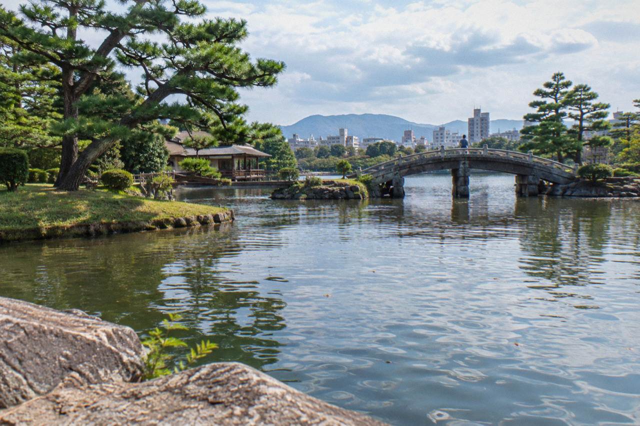 A tranquil Japanese strolling garden with a large pond, pine trees and an arched bridge reflected in still water