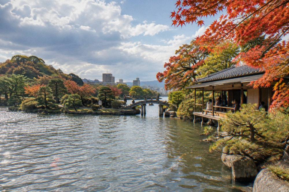 A wooden teahouse with a tiled roof overlooking a pond garden in autumn