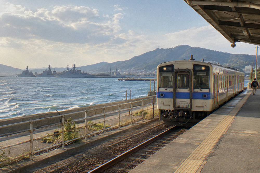 A two-car local train at a small coastal station on the Kure Line