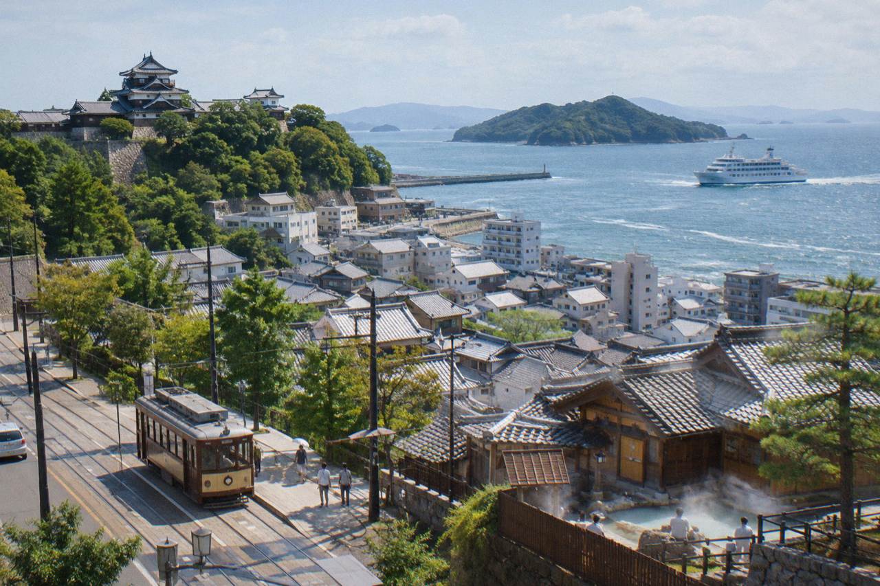 A large car ferry cruising past green islands in the calm Seto Inland Sea