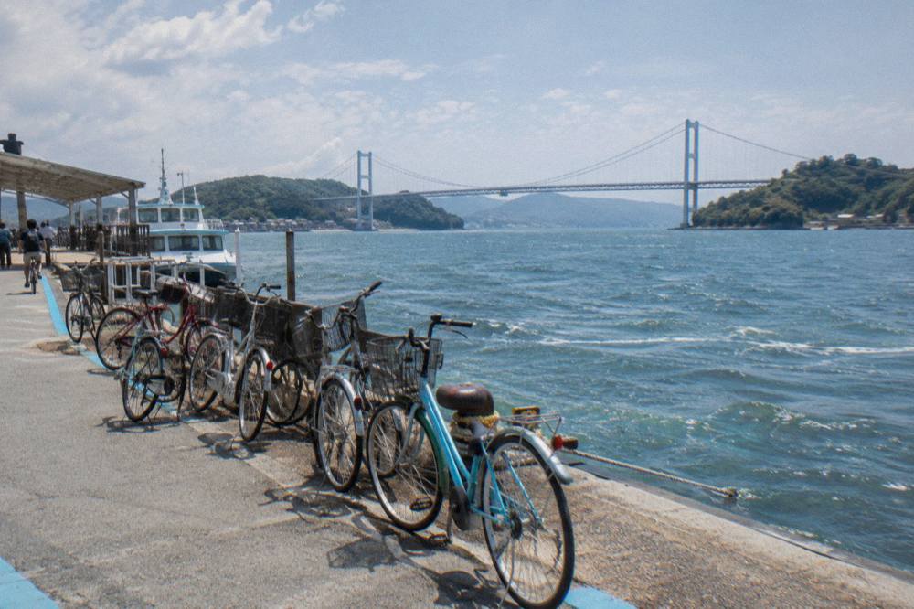 A blue painted line on a seaside cycle path marking the Shimanami cycling route