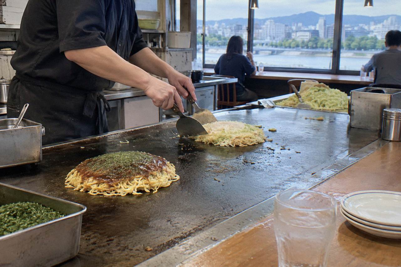 A chef cooks okonomiyaki on a large iron griddle in a Hiroshima restaurant