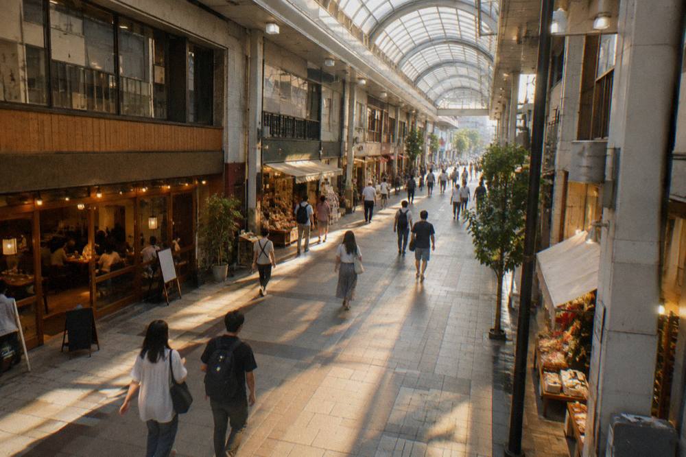 A covered shopping arcade in Hiroshima with restaurants and shops under a glass roof