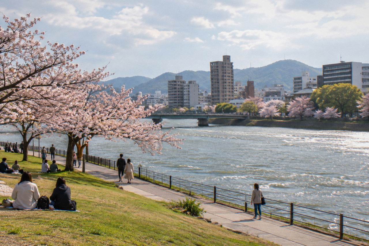 Cherry blossom trees in bloom along a riverside park in Hiroshima with the city skyline behind
