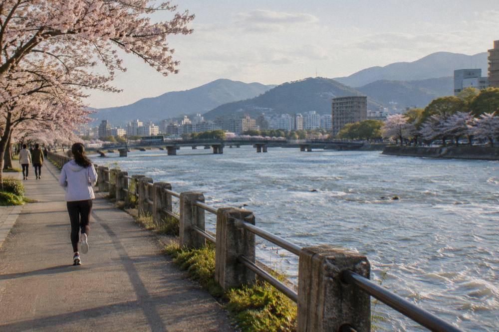 View over Hiroshima city and Hiroshima Bay on a clear spring day with mountains in the distance