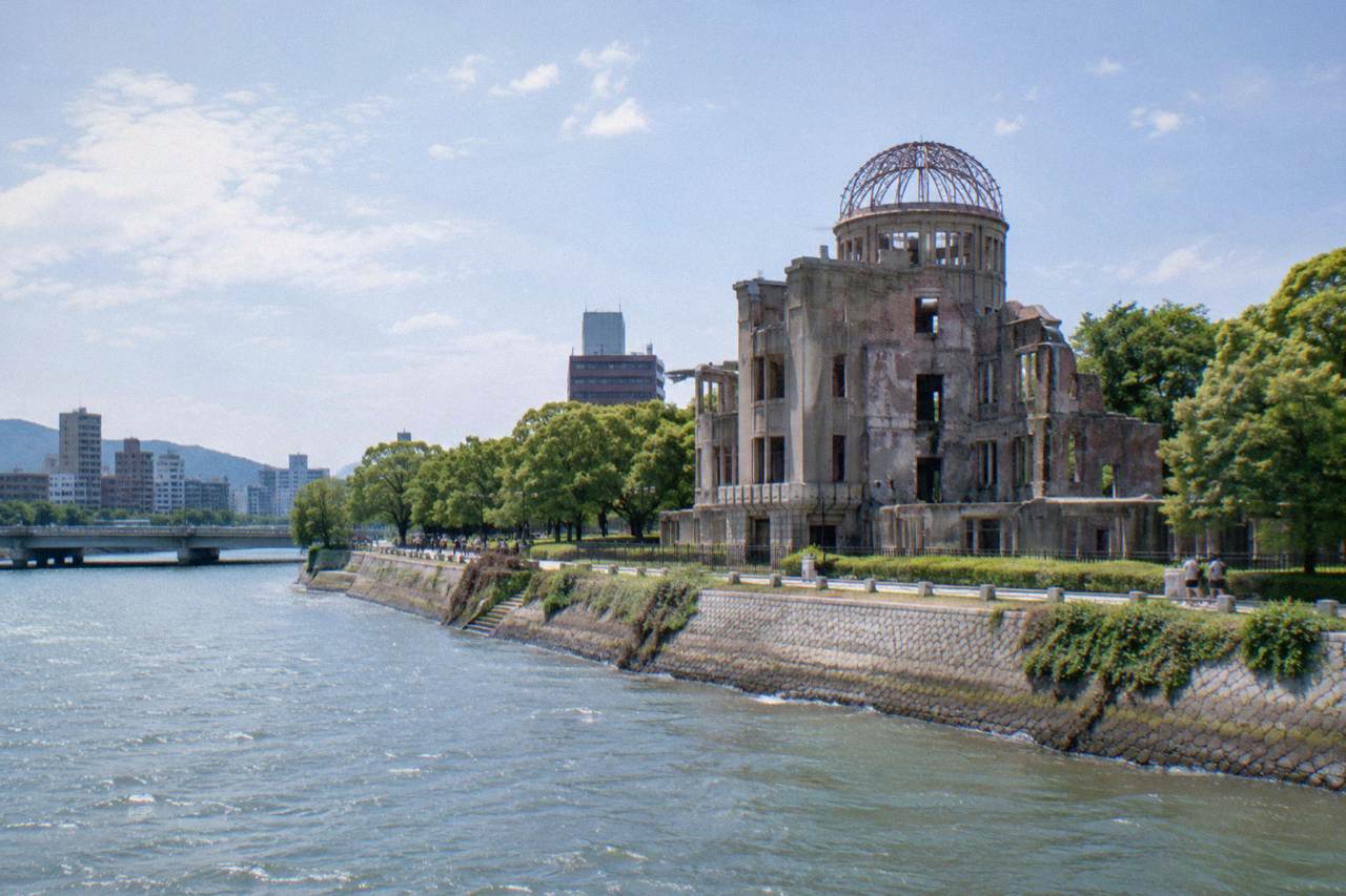 The Atomic Bomb Dome standing beside the Motoyasu River in Hiroshima Peace Memorial Park