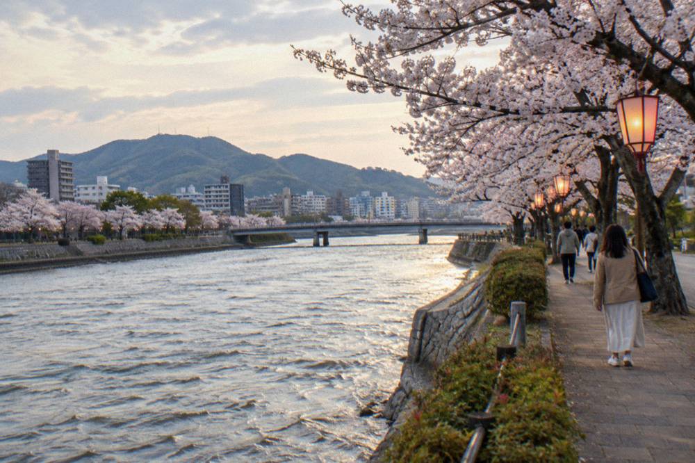 People strolling under lantern-lit cherry trees beside a canal in the evening