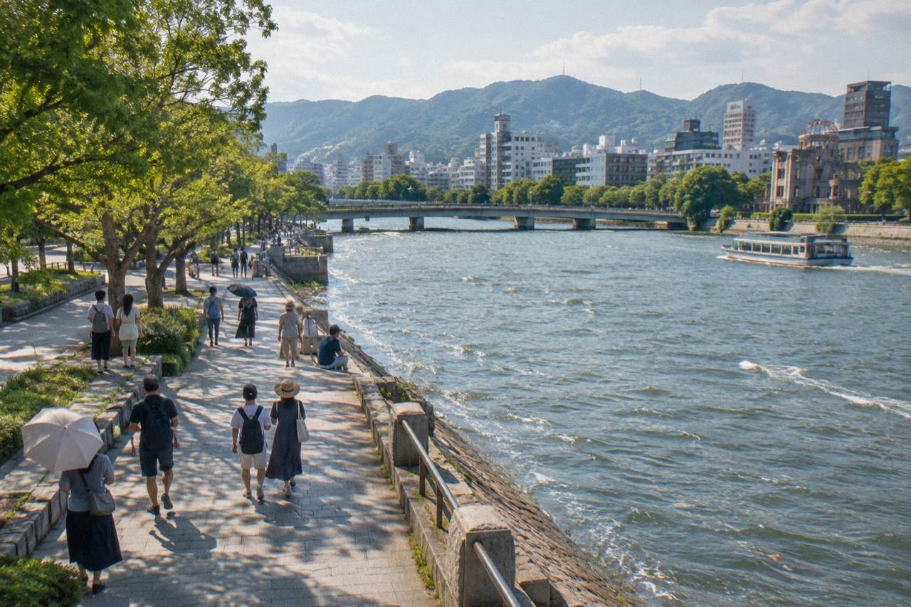 Visitors walking along the riverside promenade in central Hiroshima under a bright summer sky