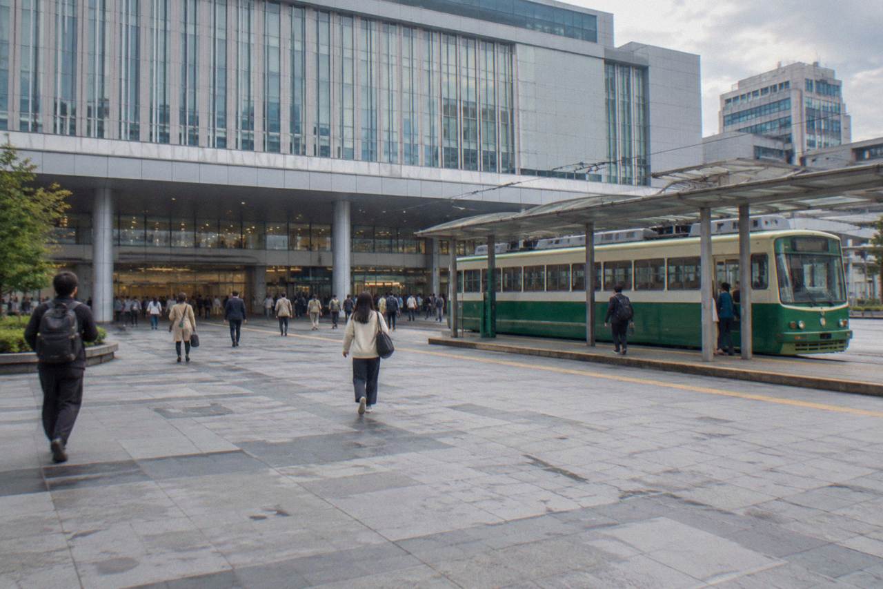 The south side of Hiroshima Station with the tram terminal and station building at midday