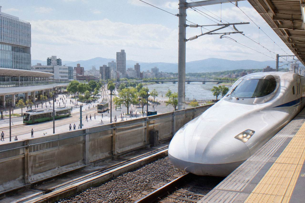 A Sanyo Shinkansen bullet train at a station platform in western Japan
