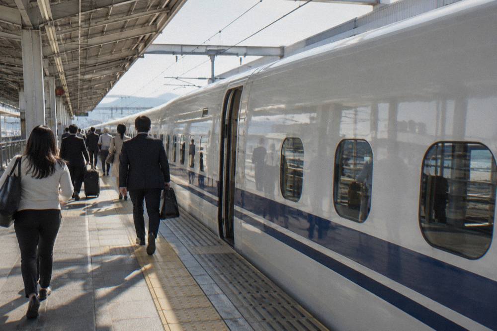 Passengers walking along a Shinkansen platform toward a bullet train door