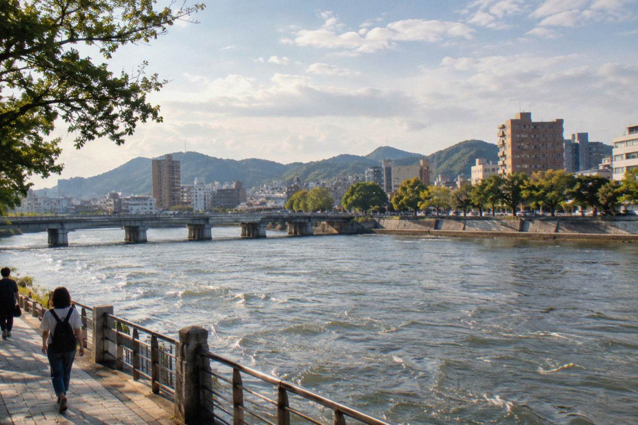 The Ota river running through central Hiroshima under a clear afternoon sky