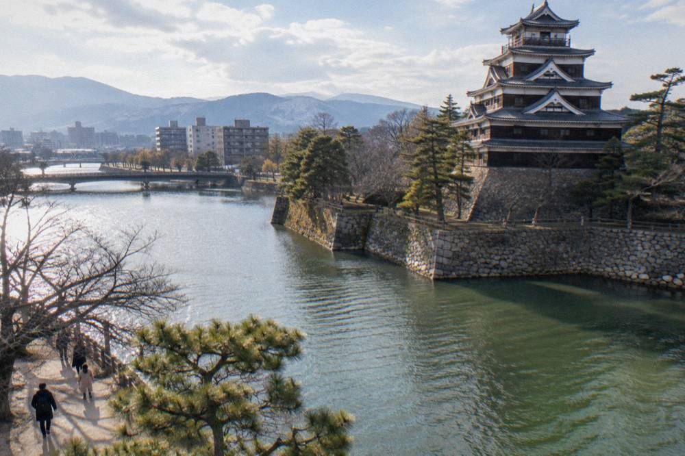Hiroshima Castle moat and stone walls on a calm clear winter day