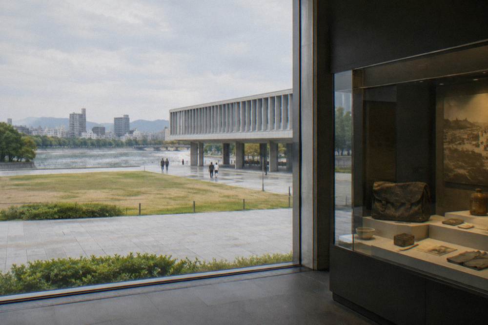 A dim gallery in the Peace Memorial Museum holds personal items lit in display cases.