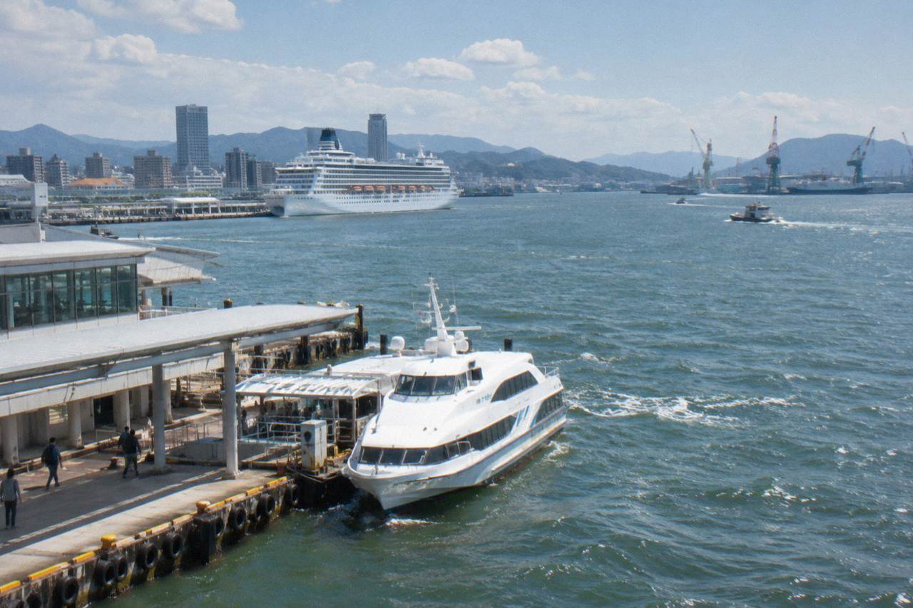 A cruise ship tied at a waterfront terminal with a city skyline behind it