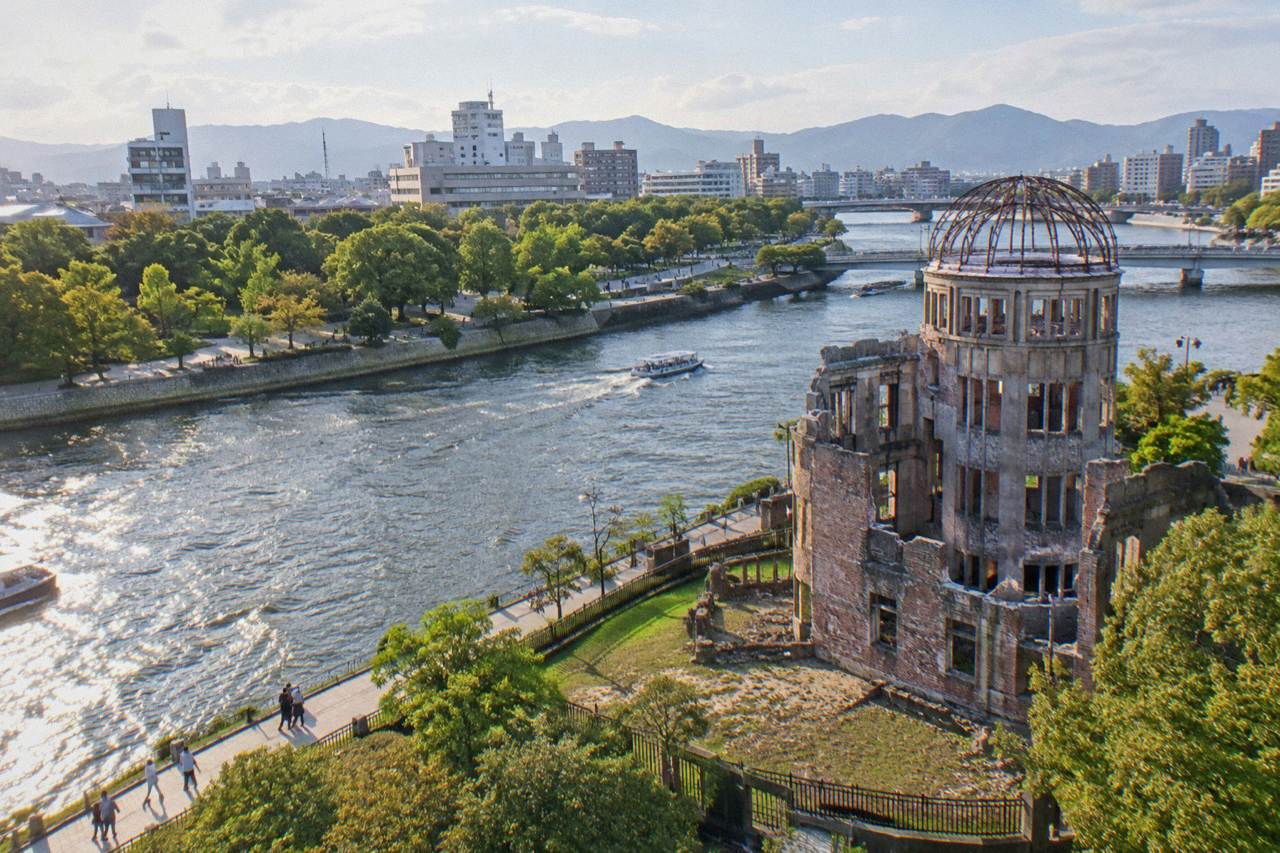 The Peace Memorial Park in Hiroshima with the A-Bomb Dome across the river