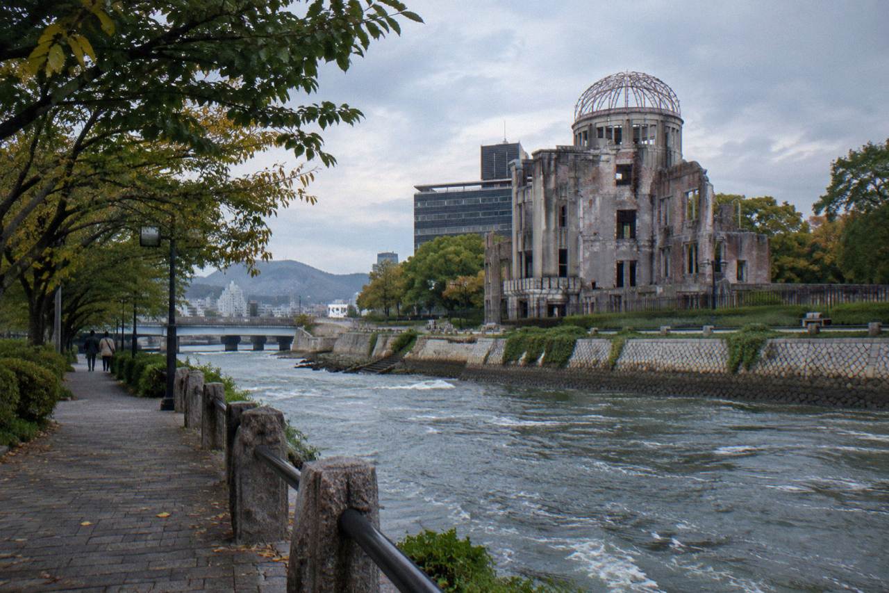 The Atomic Bomb Dome seen from the Peace Memorial Park side on an overcast morning
