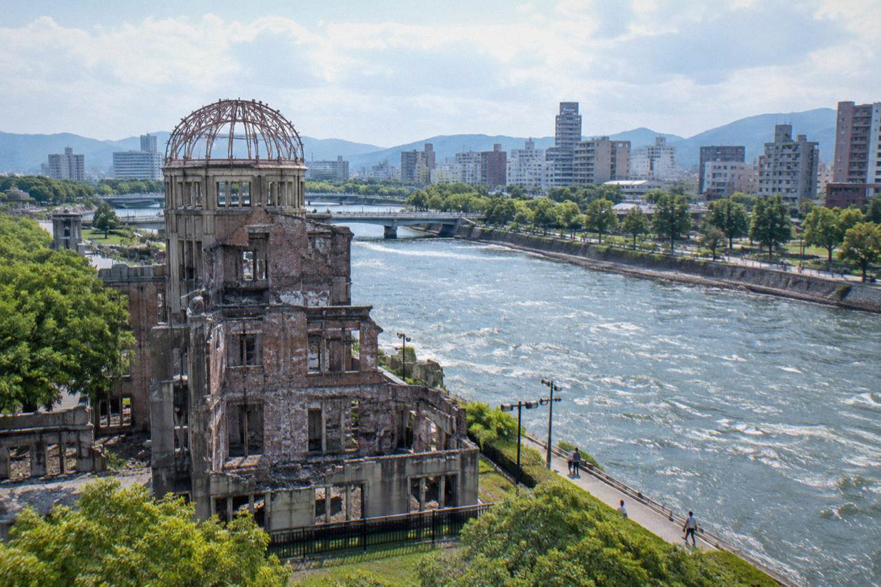 Hiroshima city viewed across the Ota River with the A-Bomb Dome in the foreground