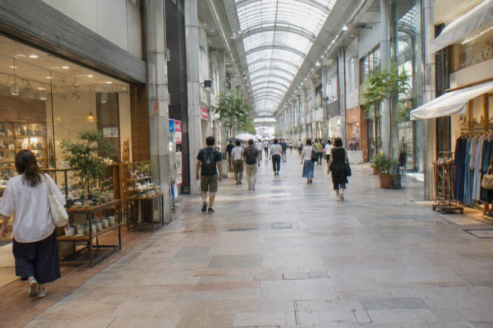 A covered shopping arcade in Hiroshima with lit shopfronts along a dry walkway